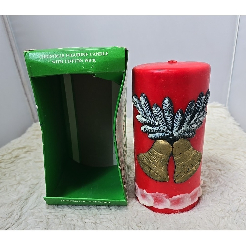 Vintage Christmas Pillar Candle Bells &‎ Holly Decor Retro MCM Unburned in Box